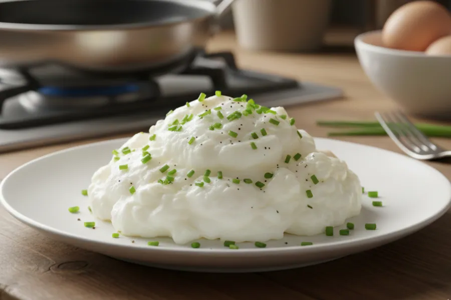 A plate of fluffy scrambled egg whites, seasoned with a sprinkle of red pepper flakes.